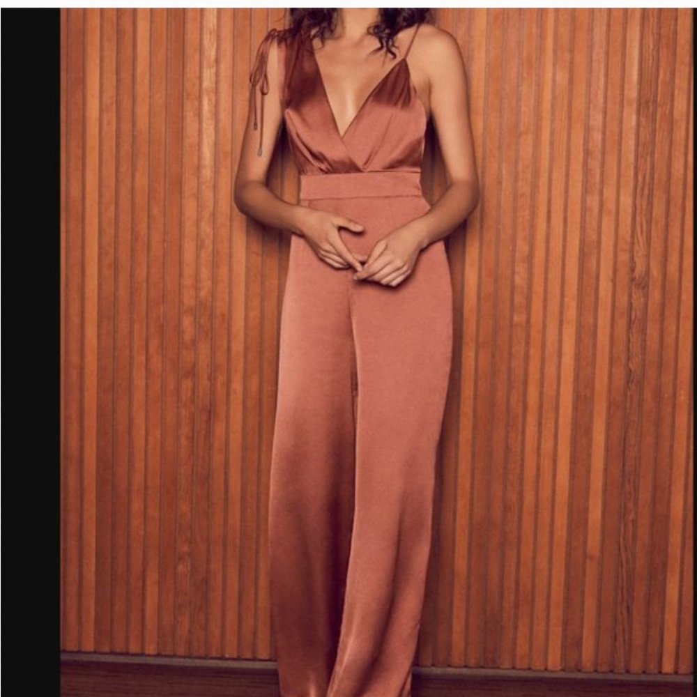 Lulu's Rusty Rose Satin Asymmetrical Wide-Leg Jumpsuit - XS
